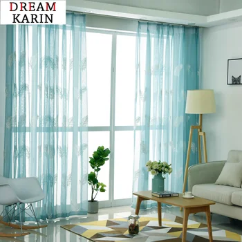 

Modern Blue Embroidered Tulle Sheer Curtains For Living Room The Bedroom Curtains Feather Voile Curtains Panel For Window Drapes