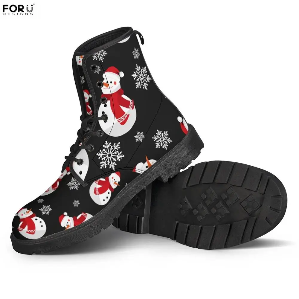 

FORUDESIGNS 2019 Merry Christmas Snowman Snowflake Round Toe Boots Ankle Winter Motorcycle Boots Fashion Lace Up Female Shoes