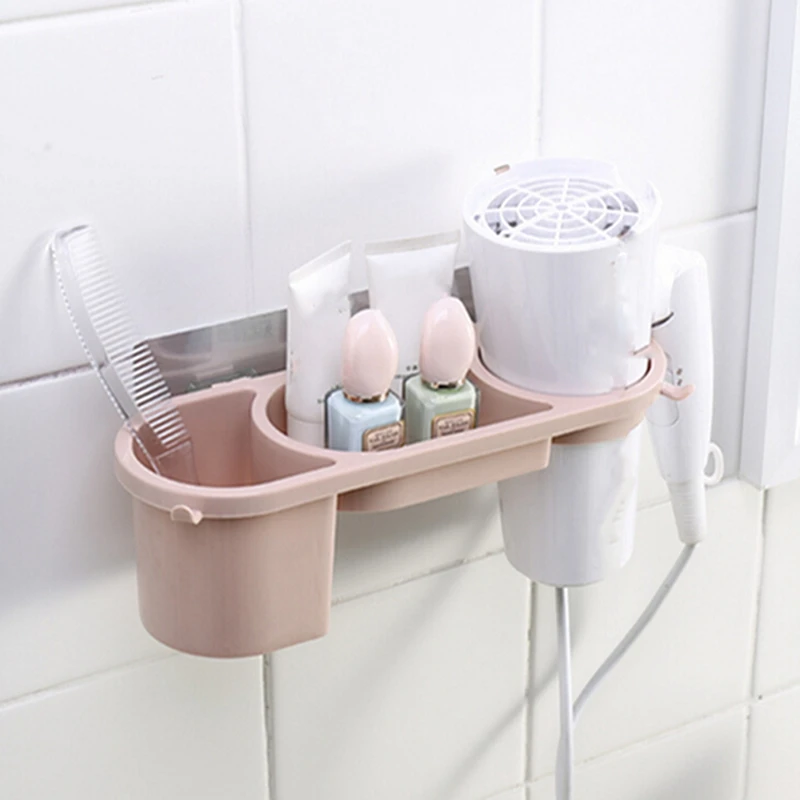 pink Plastic Magic Stickers Hair Dryer Storage Rack Bathroom Shelves Plywood Multifunction Organizer Bathroom Accessories - Цвет: pink
