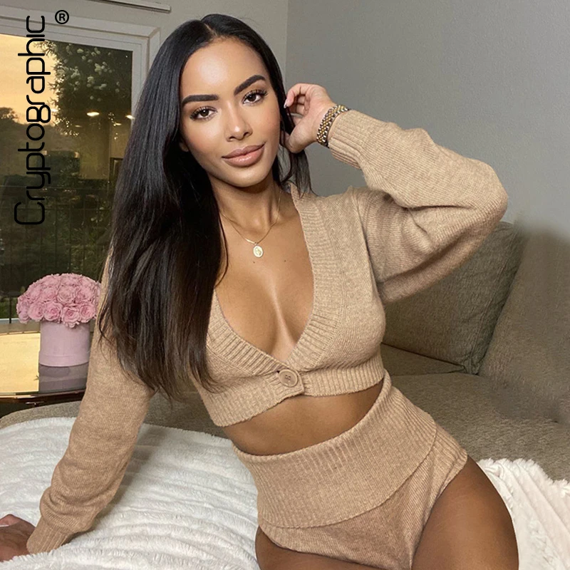 

Cryptographic Knitted Sexy Two Piece Outfits Cardigan and Shorts Set Women Outfits Matching Sets Club Party Autumn Home Clothes