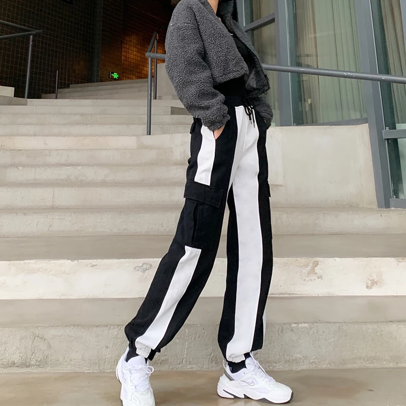 

Black White Patchwork Drawstring Baggy High Waisted Y2k Jeans 2020 New Wide Trousers Denim Pants Joggers Women Streetwear Capri