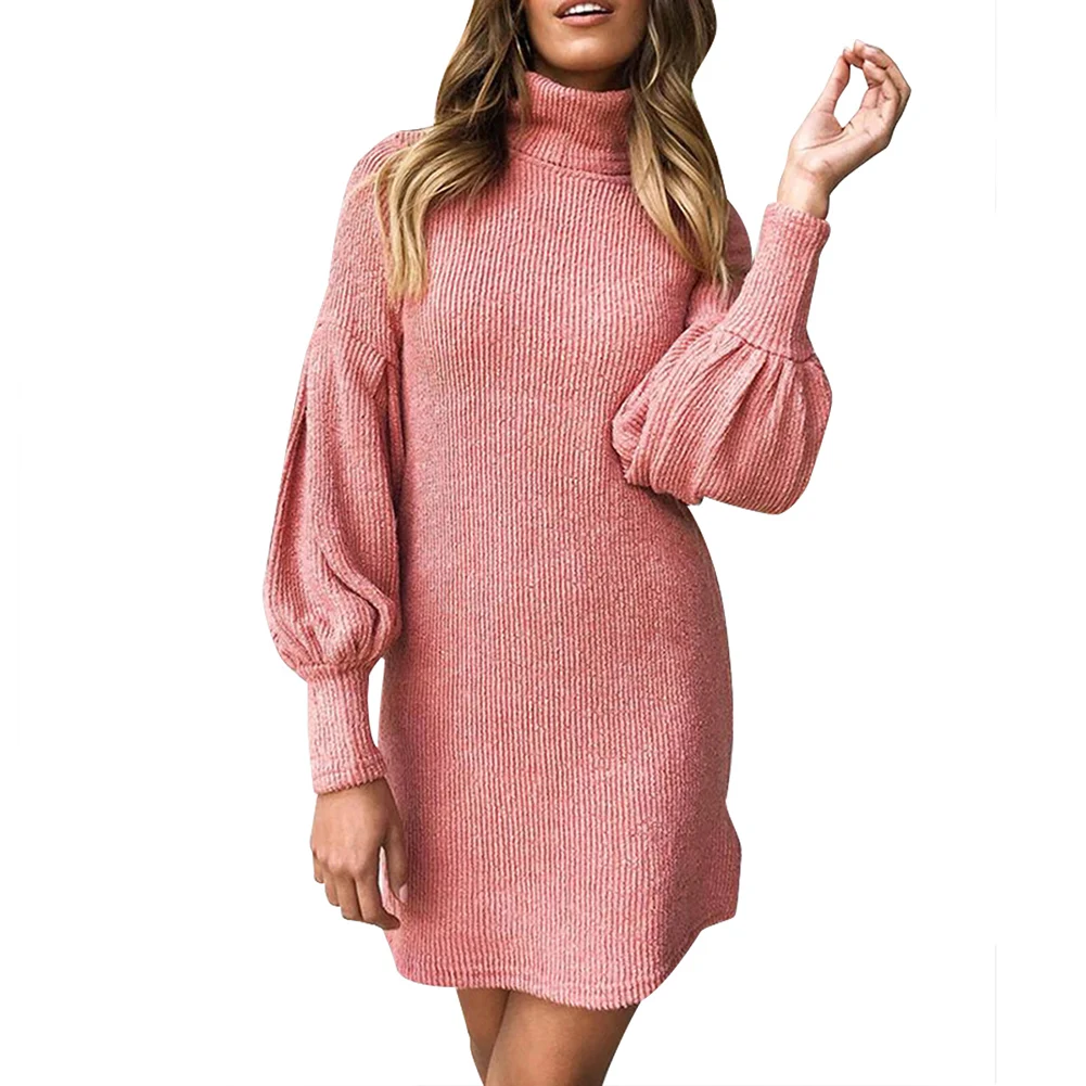 

Bikitique High Neck Lantern Long Sleeve Wrap Buttock Fit Warm Winter Dress Women Solid Color Commuter Sexy Sweater Dress