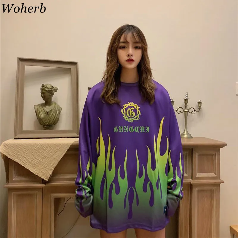 Woherb Весна Осень Хип-Хоп Толстовка Harajuku с принтом пламени Свободные толстовки корейский новая уличная одежда для женщин и мужчин топы