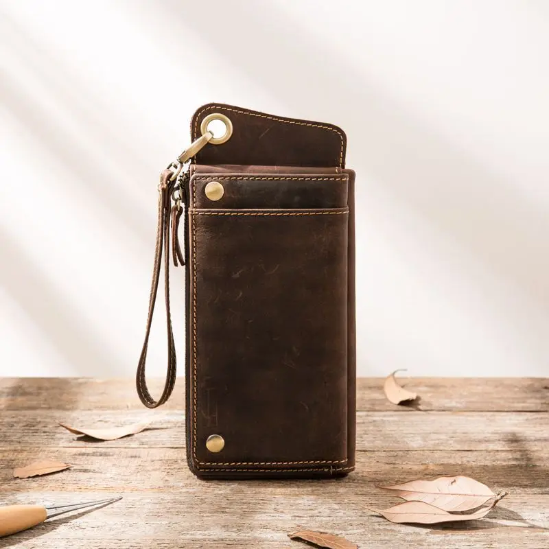 Dark brown Handmade Cowhide Long Wallets Retro Made Old Multi-card Bag Men's Handbag Genuine Leather Large Capacity Zipper Purse Clutch Bag - Цвет: Dark brown