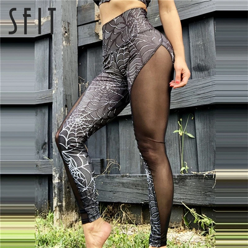 Sfit, эластичные Леггинсы для йоги с принтом паука на бедрах, женские сетчатые леггинсы с высокой талией в стиле пэчворк, леггинсы для фитнеса, бесшовное для тренировки, штаны