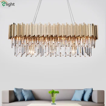 

Luxury Plated Gold Metal Lustre K9 Crystal Led Pendant Lights E14 Luminarias Dining Room Straight Pendant Lamp Lighting Fixtures