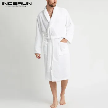 

INCERUN Fashion Fleece Men's Sleep Robes Long Sleeve Homewear Autumn Winter Lapel Nightgown Solid Kimono Lace Up Mens Bathrobes