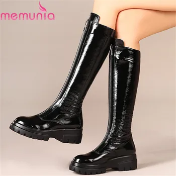 

MEMUNIA 2020 big size 42 patent leather knee high boots women round toe zip autumn winter boots thick heel platform shoes woman