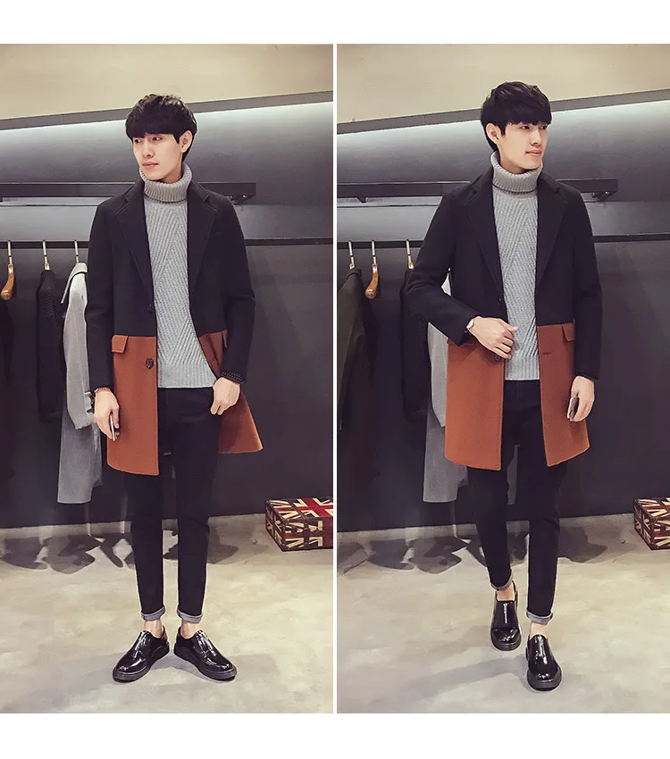 Лоскутное шерстяное пальто, Тренч средней длины, Мужское пальто Chaqueta Invierno Hombre, контрастный Тренч, Дизайнерская верхняя одежда, вечерние, Клубные