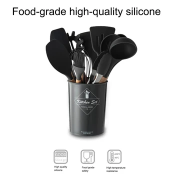 

Home Kitchen Non-Stick Baking Tool Silicone Kitchenware Cooking Utensils Set Wooden Handle Heat-Resistant With Storage Box