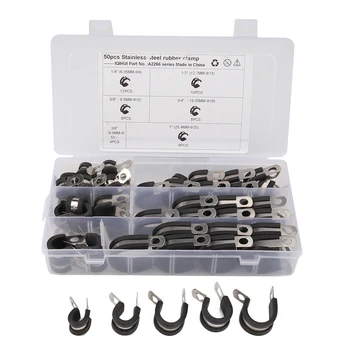 

50Pcs Rotatable Cable Clamps Assortment Kit Stainless Steel Rubber Cushion Pipe Clamp 5 Sizes Rubber Cushion Pipe Clamps