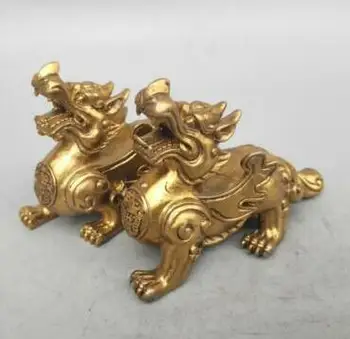 

A Pair Exquisite Chinese Seiko Carving Pure Brass Mythical Animals God Beast Animal Statue