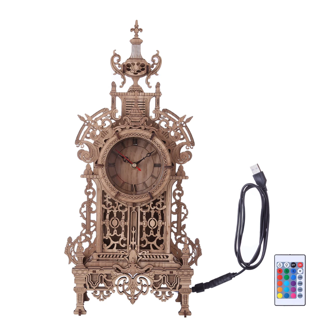 41Pcs DIY Wooden Clock Puzzle Model Kit Laser Cutting 3D Tower Table Clock with Light-Oak Color(RC of 16 Single Color Gradients)