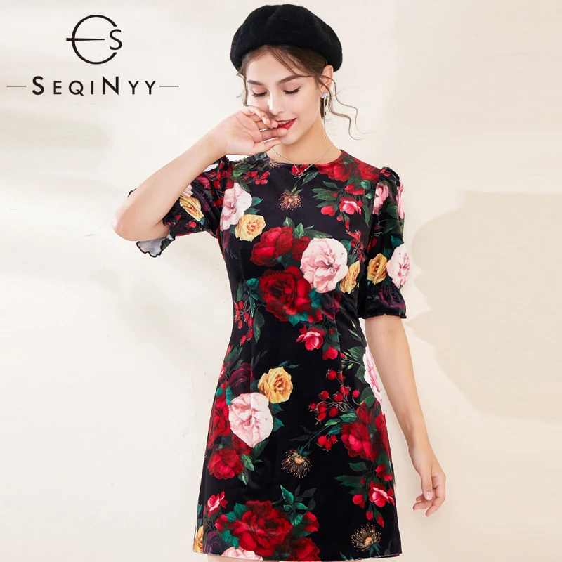 

SEQINYY Black Mini Dress 2020 Summer Spring New Fashion Design Women Short Sleeve Rose Flwoers Printed Mini Dress Sheath