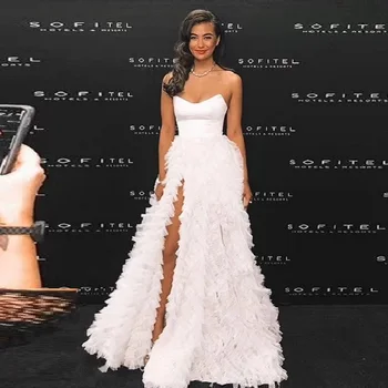

White Elegant Strapless Celebrity Maxi Dress Women Sexy Sleeveless High Split Satin Fashion Ruffles Evening Party Vestidos 2019