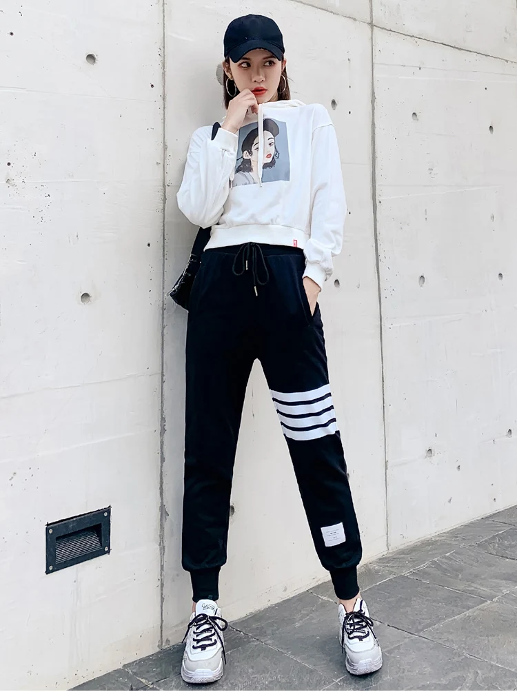 BIVIGAOS Four Bars Cotton Gray Sport Pants Women New Korean Casual Sweatpants Slim Joggers Pants Spring Autumn Sweat Pants
