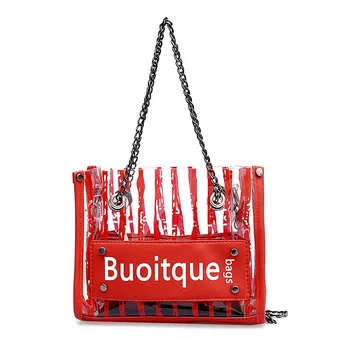 

Fashion Stripes Plastic Transparent Handbag Chain Shoulder Bag Woman Large Capacity Bag Composite Bag Women's Bags Red