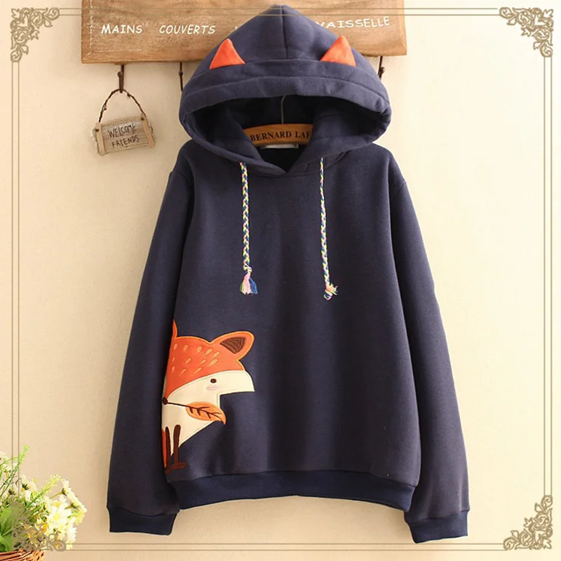 Spring Autumn Cute Fox Embroidered Hooded Sweatshirt Women Clothing