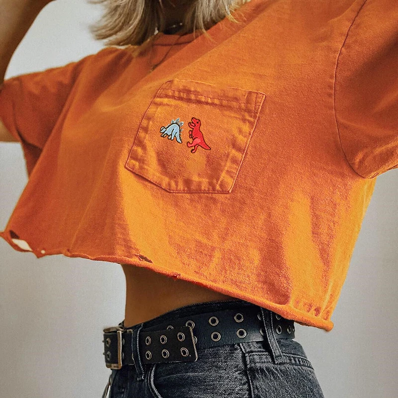 Отверстие Оранжевая женская негабаритная футболка уличная хип хоп Футболка