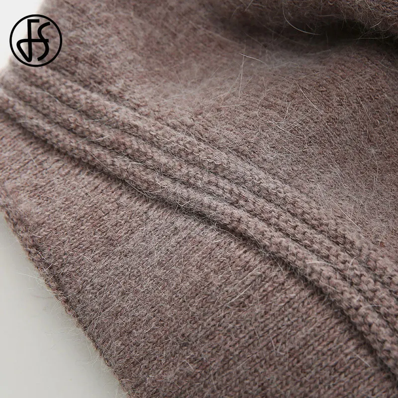 FS Women Rabbit Berets Knitted Wool Hats Winter Flowers Warm Female Cap Girls Beanies Fur Hat Gorros Bonnet Femme Hiver