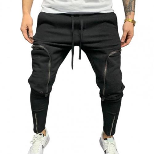 Men Pants Solid Color Drawstring Casual Multi Zippers Pockets Trousers Streetwear Multi Zippers Pockets Jogger Trousers