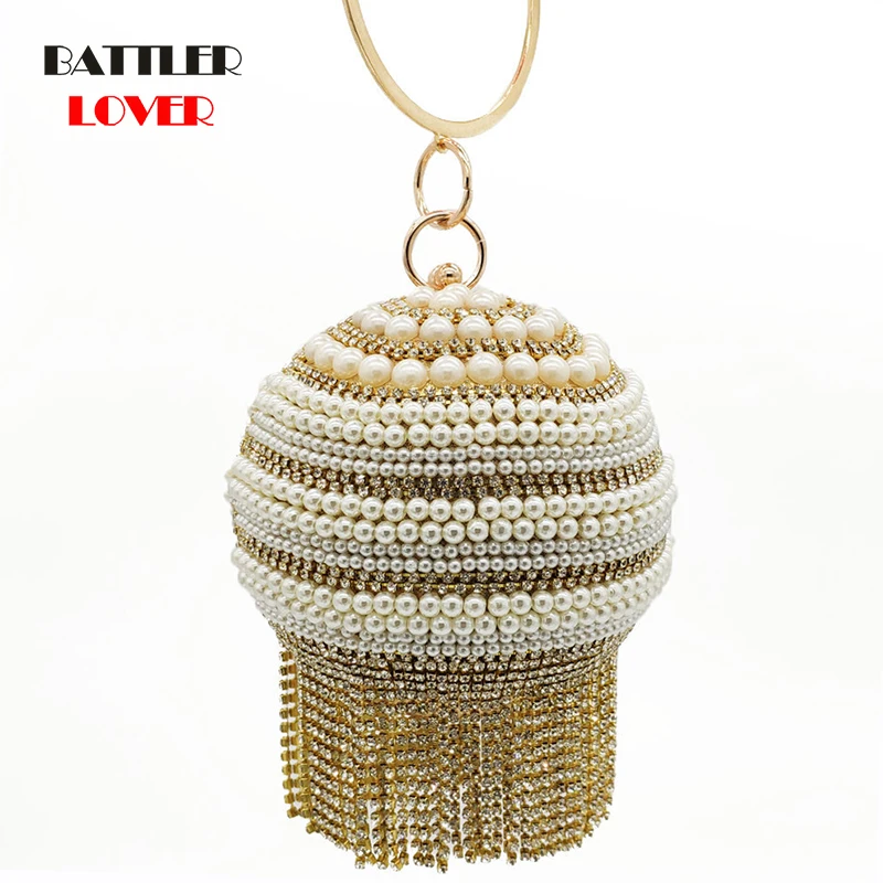 Gold Silver Pearl Tassel Women Party Metal Crystal Clutches Evening Bags Wedding Bridal Shoulder Handbag Wristlets Clutch Purse