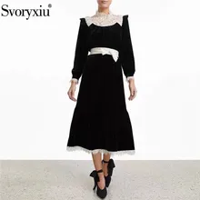 Svoryxiu дизайнерские винтажные черные бархатные Лоскутные кружевные вечерние платья миди женские элегантные платья с длинным рукавом на осень и зиму