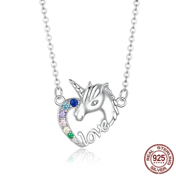 

Lucky Licorne Heart Short Choker 925 Sterling Silver Necklace for Women Girl Multi-Color Unicorn Pendant Collier Fashion Jewelry