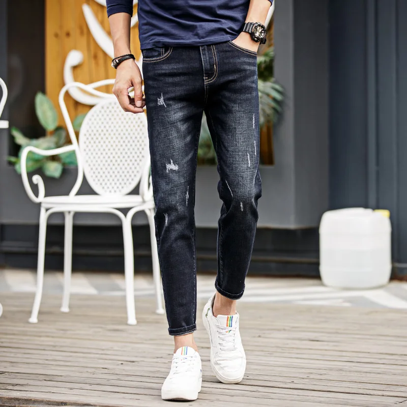 TEHEZAD-pantalones vaqueros de tubo para hombre, pantalón clásico de algodón, rectos, de trabajo de negocios, color negro, longitud hasta el tobillo, para primavera y otoño