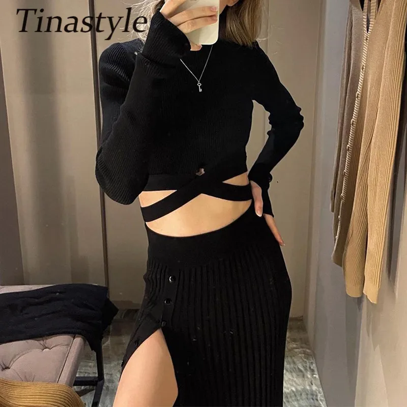 Tinastyle Autumn Winter Women Skirts Set O Neck Long Sleeve Crop Top And Midi Skirts A Line Pleated Two Piece Sets Knit Outfits womens suit set