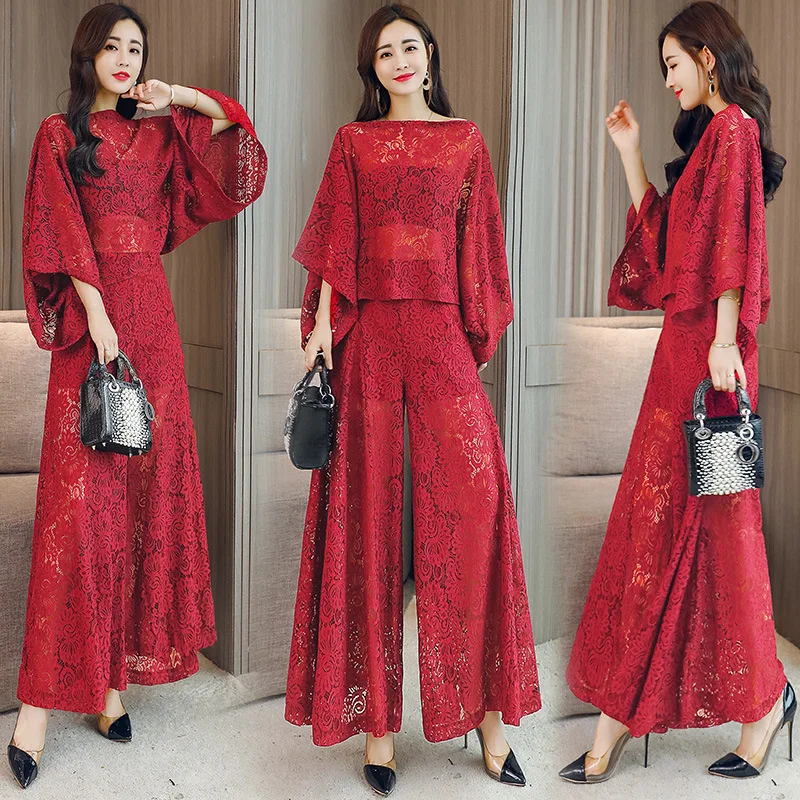 

Lace Loose Pants Set Female Spring 2019-Spring And Summer Fashion Fashionable Western Style Elegant Big Trouser Legs Two-Piece S
