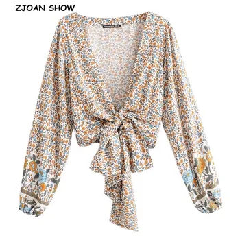 

2019 New Women Bohemian Sun Flower Print Kimono Shirt Batwing Sleeve V-Neck Lacing Up Tie Bow Cardigan Blouse Femme Blusas