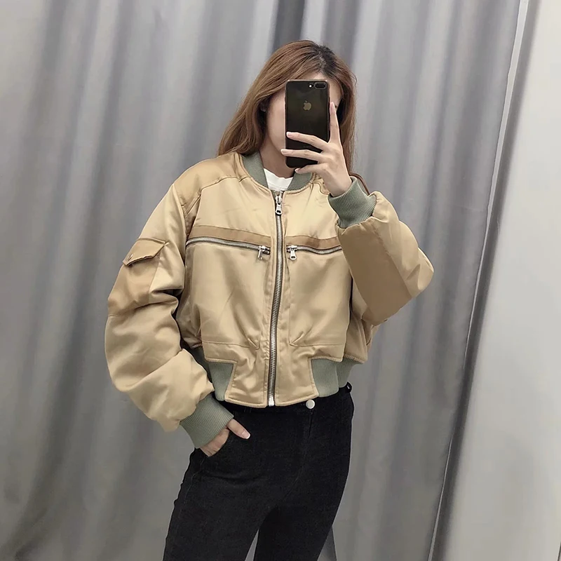 Армейская уличная Женская куртка-бомбер атласная зимняя теплая ...