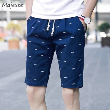 

Casual Shorts Men Printed Elastic Waist Lace Up Simple All-match Harajuku Streetwear Leisure Korean Style Mens Pockets Summer