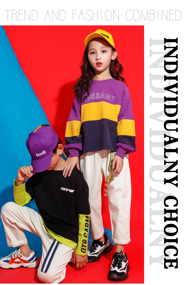 Black Purple Hoodie White Pants Set Children's Hiphop Street Dancewear Suit Kids Girls Boys Jazz Hip Hop Dance Costumes Clothes (8)