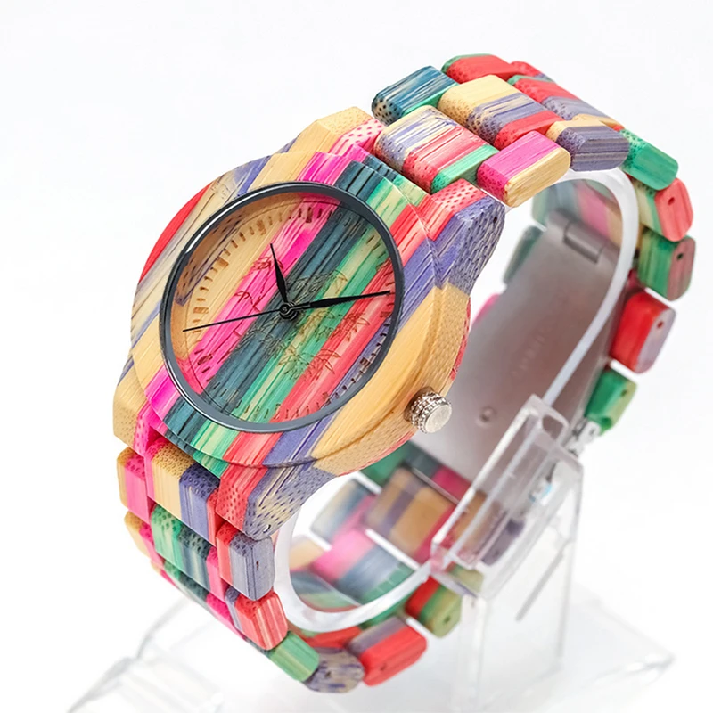 

QW Sports Unique Gifts Colorful Women Bamboo Watches Natural Wooden Quartz Luxury Wristwatches