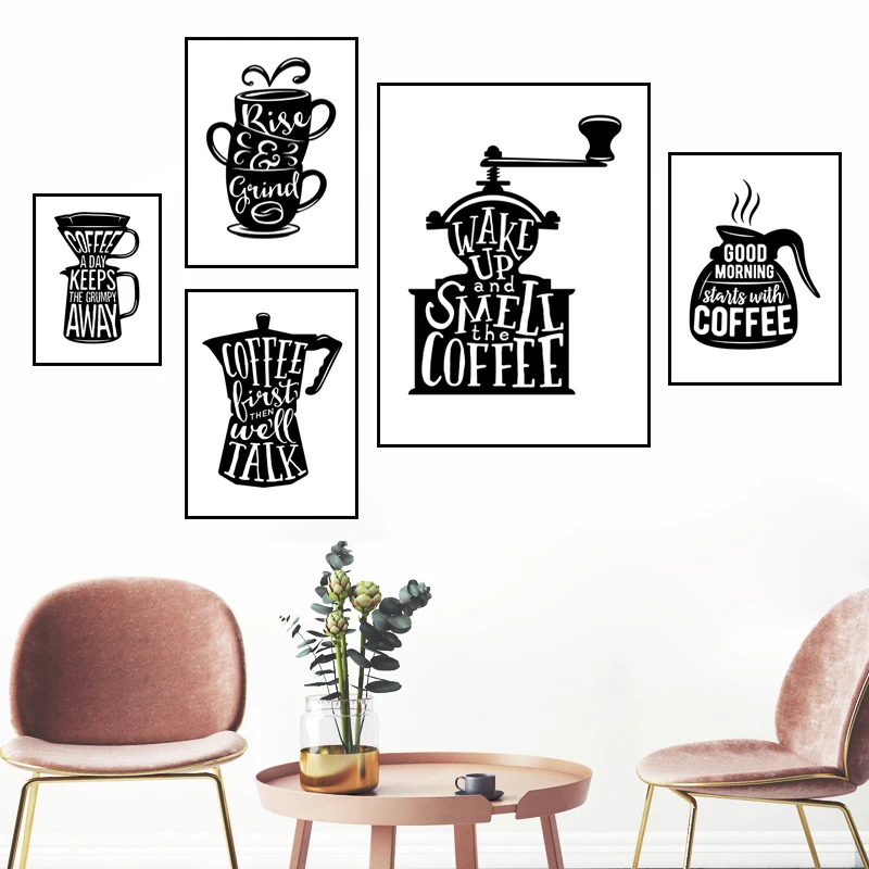 

Coffee First Wall Picture Wakeup Canvas Painting Black White Quote Art Print Poster Restaurant Kitchen Home Decor HD3084