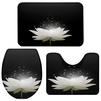 

3 Pieces Bathroom Set Blooming Lotus In The Dark Bath Set Toilet Cover Mat Pedestal Rug Non-Slip Bathroom Rug Set