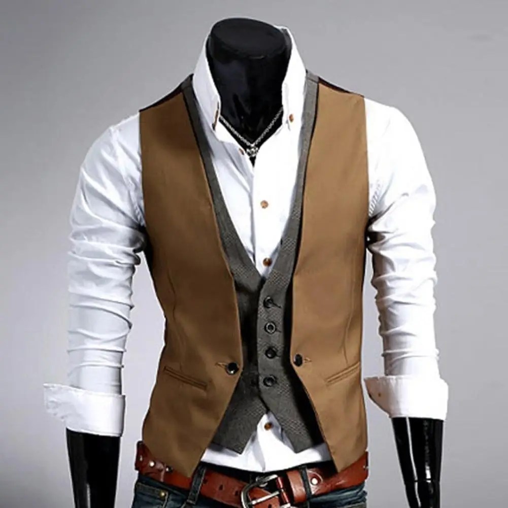 Men Formal Waistcoat Vest Business Fake Two-pieces V Neck Sleeveless Button Pocket Slim dress vests