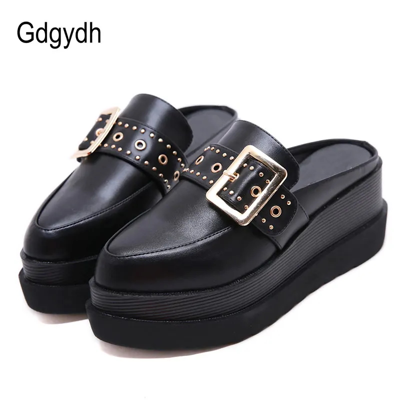 Женские мюли на танкетке Gdgydh черные обувь платформе с пряжкой Высоком толстом