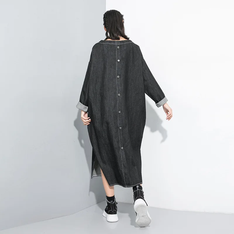 Johnature Autumn New O-neck Denim Dresses For Women Loose Pullover Patchwork Slits Button Fashion Casual Female Dress