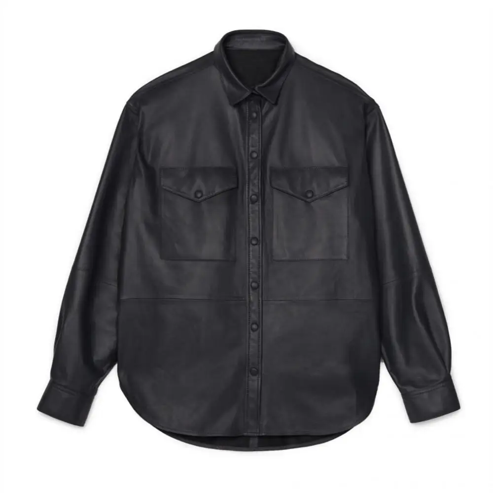 

Artificial Leather Women's Shirt Ladie Single Breasted Blouse Female Turn Down Collar Casual Wild Stylish Shirts And Tops With P