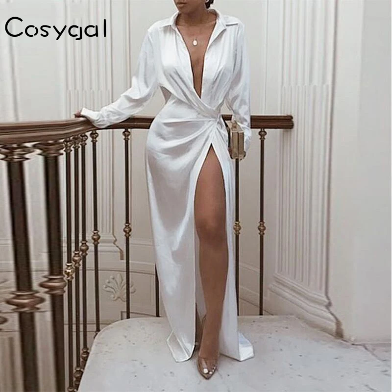 

COSYGAL Side Split Long Sleeve Sexy Dress Long Lace Up Party Dresses Women Deep V Neck High Waist Maxi Dresses Vestidos 2019