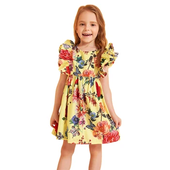 

Floral A-line Dress Summer Dresses Fashion Baby Girls Cotton Flower Print Fly Sleeve Beach Party Princess Dresses