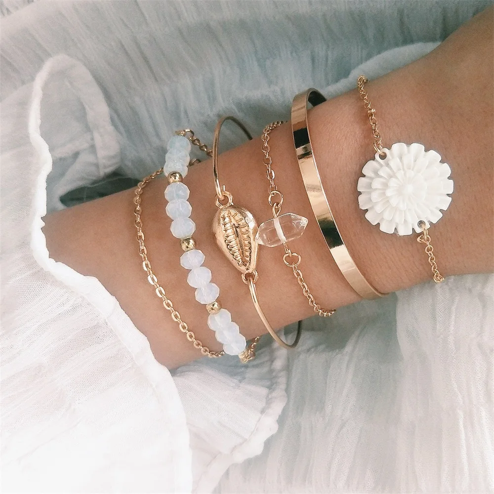 

Women Bracelets Flower Crystal Shell Beads Chain Open Gold Bracelet Set Charm Banquet Party Female Bangles Jewelry Accessories