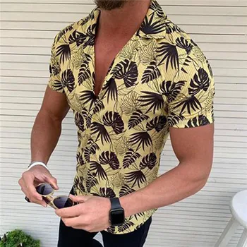 

2019 Newest Style Men Casual Shirts Short Sleeve Shirts Maple Leaves Print Slim Fit Business Shirt Blue Green Men Blouse Tops