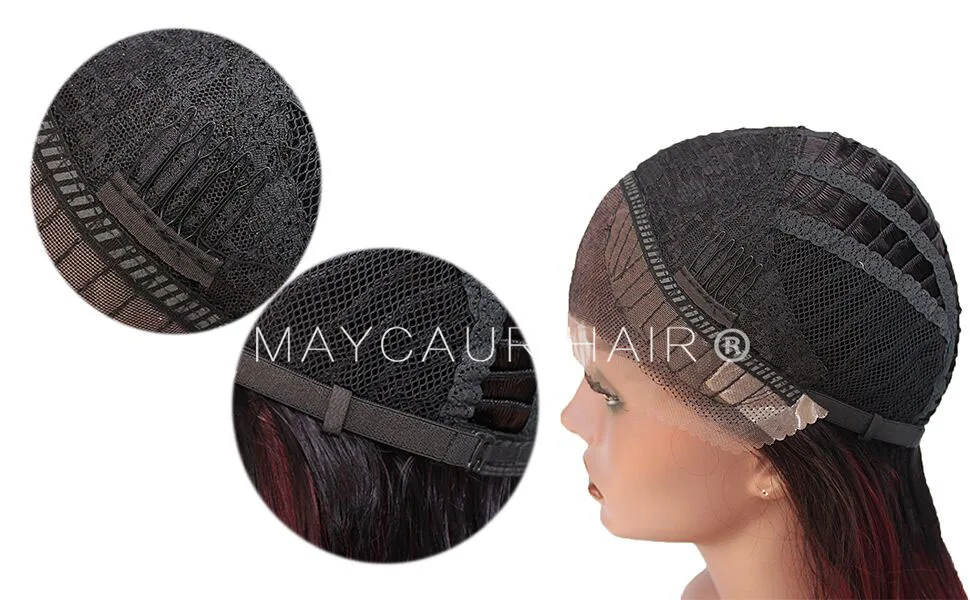 Red-Mixed-Color-Glueless-Heat-Resistant-Synthetic-Lace-Front-Wigs-Body-Wave-Wig-With-Bangs-Maycaur-Cap