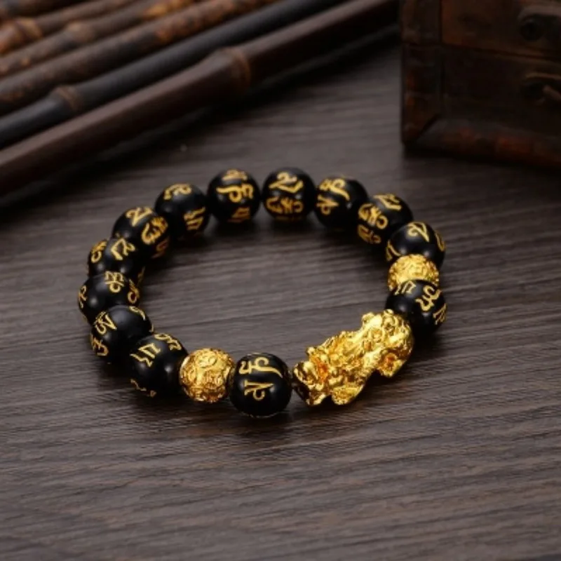 Feng Shui Obsidian Stone Beads Bracelet Wristband Gold Black Pixiu Wealth Good Luck Women Bracelet  Men Women Unisex