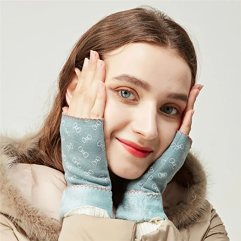 Free Ostrich 1Pair Gloves 3Color Cute Bow Printed Fingerless Half Gloves Women Girls Winter Outdoor Cycling Driving Gloves 91119