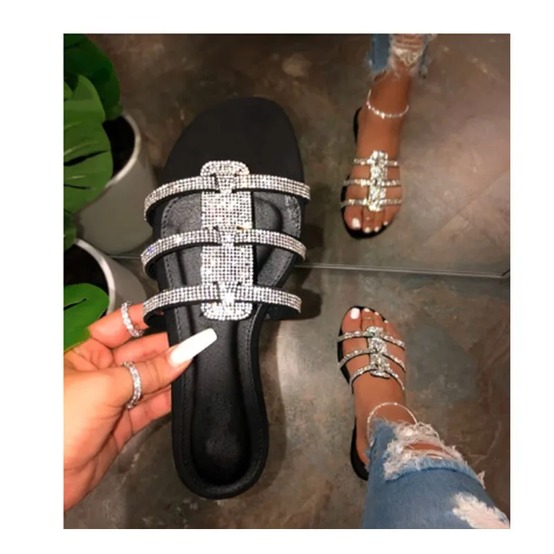 Летние женские шлепанцы; Zapatos De Mujer; модные пляжные шлепанцы со стразами; обувь на плоской подошве; женские шлепанцы; большие размеры; блестящие вьетнамки